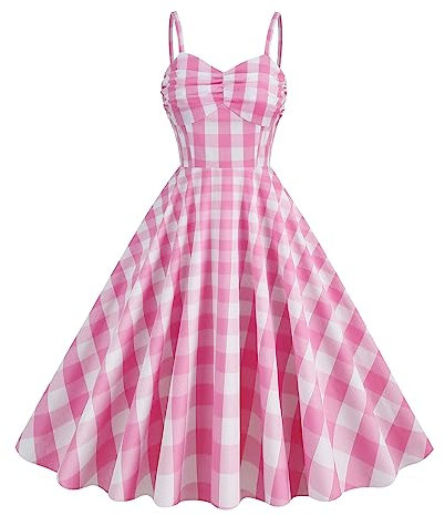 FYMNSI Robe à carreaux rose pour femme - Style rockabilly vintage années 50 - Jeu de rôle - Costume d'Halloween - Costume de film, rose - Bretelles, L