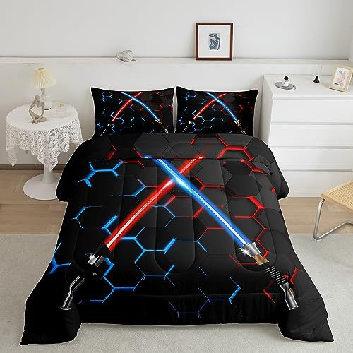 Neonrot Blau Lichtschwert Tröster Set King Size Geometric Honeycomb Bedding Set 3Pcs for Kids Girls Boys Teens Room Decor Fashion Games Quilt Set Black 3D Hexagon Duvet Insert,2 Pillowcases