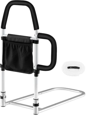 COSTWAY Bed Rails for Elderly Adults, Medical Bed Mobility Assist Bar with Dual Handrails, Storage Pocket, Fixing Strap, Fits King, Queen, Twin, Full Bed