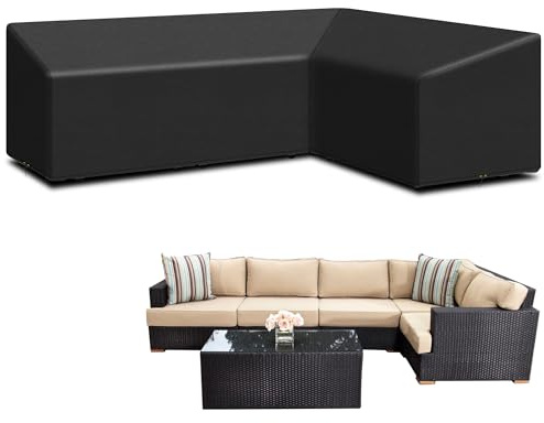 Funshot L-Shape Garden Furniture Covers Waterproof, 420D Oxford Fabric Outdoor Rattan Corner Sofa Covers Windproof, Anti-UV, L Shaped Garden Sofa Cover (260*210*76cm) - Left Side Long