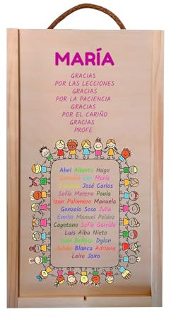 Caja de madera personalizada para regalar a maestros, docentes, profesores de guardería. Capacidad para 2 botellas de vino o aceite.