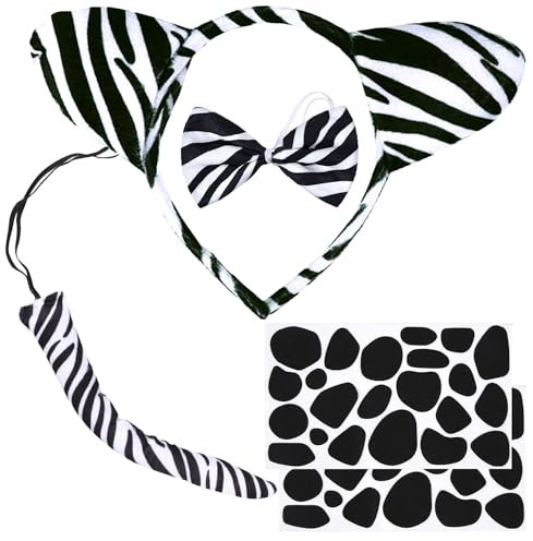 LXWINNER 5 Stück Zebra Kostüm Set, Tiere Ohren Stirnband Fliege Schwanz Selbstklebende Aufkleber, Kostüm Kinder, Halloween Faschingskostüme Zubehör für Fasching Cosplay Party