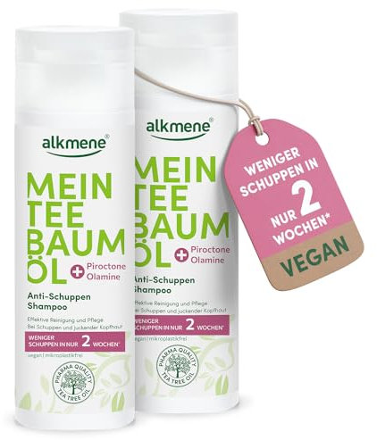 alkmene Mein Teebaumöl Anti Schuppen Shampoo 2x 200 ml - weniger Schuppen in 2 Wochen - Shampoo gegen Schuppen & juckende Kopfhaut - klimaneutrales Antischuppen Haarshampoo mit naturreinen Teebaumöl