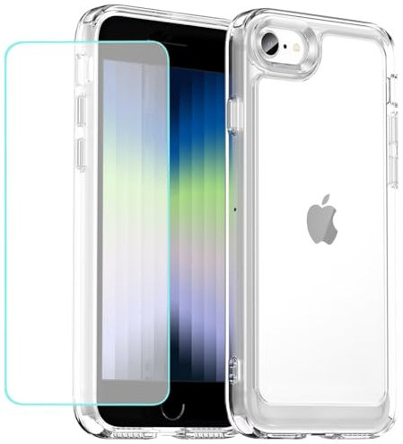 Wanyuexes Funda para iPhone 7/8/iPhone SE 2020/iPhone SE 2022/SE 3 2022 con protector de pantalla de vidrio templado, parte trasera de policarbonato duro transparente y cubierta protectora de TPU