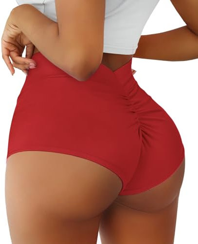 Boudaner Yoga-Shorts für Damen, hohe Taille, V-Ausschnitt, Scrunch für Fitnessstudio, Workout, Spandex, Tanz, Hotpants, Po, Lifting, Rave-Hose, Rot/Ausflug, einfarbig (Getaway Solids), Groß