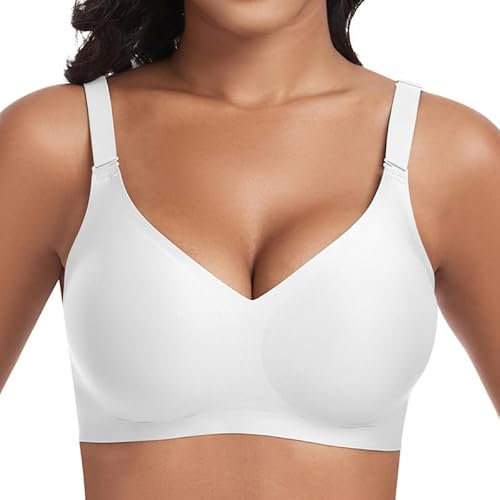 Cavotor Women Seamless Bra Non Wired Push Up Support Bras for Saggy Breasts Wireless T Shirt Soft Comfort Ladies V Neck Padded Bralettes with Extender (White,3XL)