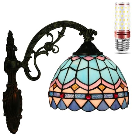 Uziqueif Wandleuchte, 8 Zoll Mediterraner Tiffany Stil Glasmalerei Wandlampe Innen, E27 Dekorative Wandleuchten für Wohnzimmer Schlafzimmer Treppenhaus Flur Cafés Bars, Mediterranean