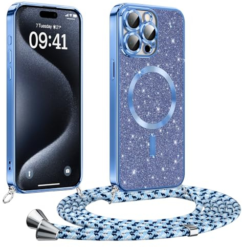 Phoona handyband Hülle für iPhone 15 Pro mit Band, Glitzer Handyhülle Kompatibel mit MagSafe, Ganzkörperschutz Kratzfeste Stossfest Schutzhülle mit Einstellbar Kette, Blau