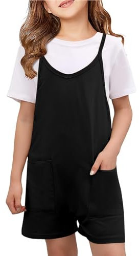 Pagliaccetto Corto Ragazza Salopette da Ragazza Ampia Estivo Tuta Corta Senza ManicheTuta Intera Jumpsuit con Tasche Spiaggia Vacanza con Solidi Casual a Gamba Larga Pagliaccetti (Black, 11-12 Years)