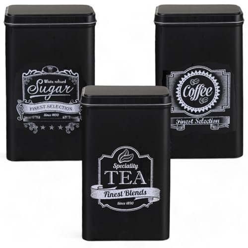 MIJOMA 3-teiliges Retro Metall-Dosen Set mit Deckel, Vintage Design – Vorratsdosen für Kaffee, Tee, Zucker – Kaffeedose, Teedose, Zuckerdose, 19 x 11 cm (Schwarz-Weiß)