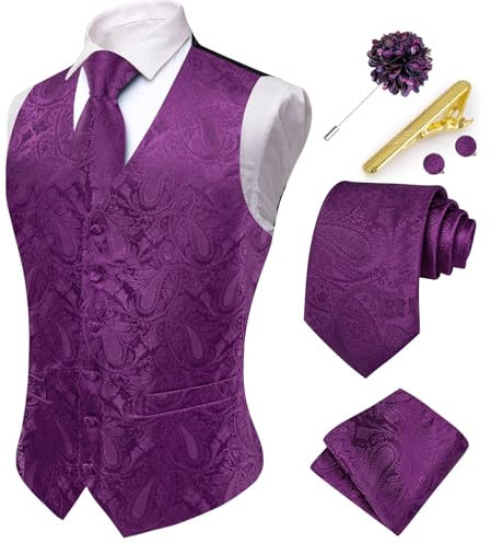 Hi-Tie Herren Anzug Weste und Krawatte Set formelle Weste V-Ausschnitt Paisley Weste und Krawatte Einstecktuch Manschettenknöpfe Set für Hochzeit, pflaume, Medium