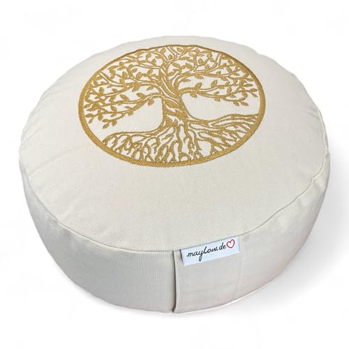 maylow Yoga mit Herz Yogakissen Meditationskissen mit Stickerei Baum des Lebens H:15cm mit Bio-Dinkelspelz gefüllt Bezug und Inlett 100% Baumwolle personalisierbar (natur)