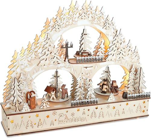 Brubaker 3D Lichterbogen - LED Schwibbogen - Winterlandschaft 2026 | Weihnachtsbeleuchtung aus Holz Natur - 37 x 46 x 10 cm - Handbemalte Figuren - Weihnachtsdeko für Tisch & Fenster