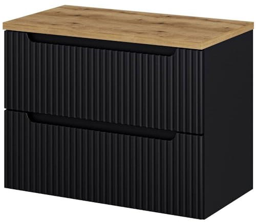 [en.casa] Mueble de Baño Bajo Lavabo Newport con Encimera de 80 cm Sin Recortes y Armario Suspendido con 2 Cajones 80x60x40 cm MDF/Aglomerado - Negro y Roble Coast Evoke