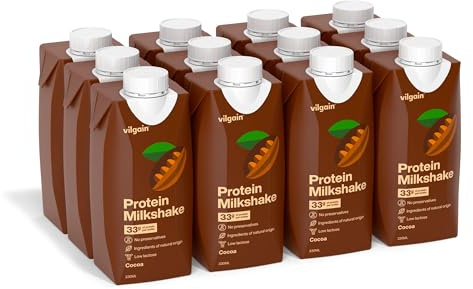 Vilgain Protein Milkshake, 33g protein per serving, Low lactose, milk protein shake, No artificial additives, Sweetened with stevia (12x330ml, Chocolate)