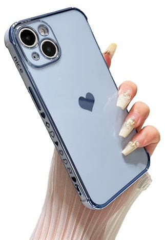 DEFBSC Compatible with iPhone 14 Case for Girls Women, Fashion Cute Side Love Heart Pattern Plated Edge Soft TPU Bumper Shockproof Protective Phone Case - Blue
