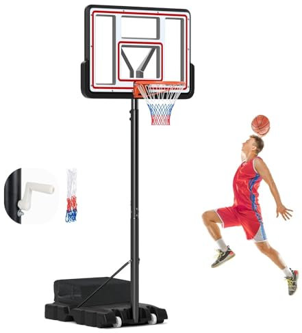 COSTWAY Basketballkorb Outdoor mit Ständer, Basketballständer 225-305 cm höhenverstellbar, Korbanlage mit Handkurbel, Gewichtssack & 2 Netzen, Mobile Basketballanlage für Kinder, Erwachsene