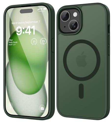 HGH Magnetic Case for iPhone 15, Dark Green | Compatible With MagSafe Wireless Charging Compatible Translucent Matte Thin Shockproof Camera protect