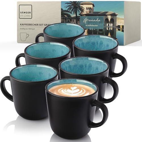 SÄNGER Granada | Kaffeebecher 6 Personen, Steingut Kaffeetassen Set 6er, Tassen Set Teetasse Set spülmaschinenfest mikrowellenfest, Coffee Mug blau mit schwarzem Rand 430 ml | VALUE COLLECTION