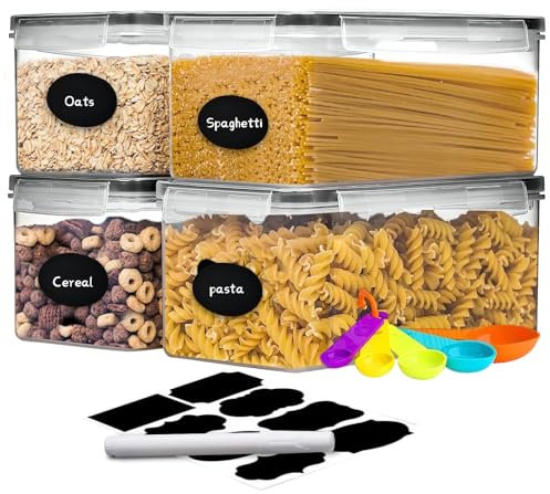 stusgo 4PCS 3.2L/108 OZ Airtight Food Storage Containers with Lids, Plastic Spaghetti Canisters for Pasta organizer, BPA Free Air Tight Kitchen Pantry Organization