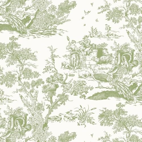 Yomshi Self Adhesive Wallpaper 44cm×10m Tree and Animal Wallpaper Peel and Stick Green Sticky Back Plastic Vintage Peacock Pattern Waterproof Vinyl for Living Room Wall