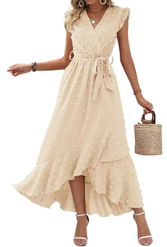 SCBFDI Robe Cocktail Femme Sexy Cintrée Ete Courte Devant Longue Derriere Manches Volantes Bureau Estivale Chic Plage Robe, Robe Longue Décontractée Beige 2XL
