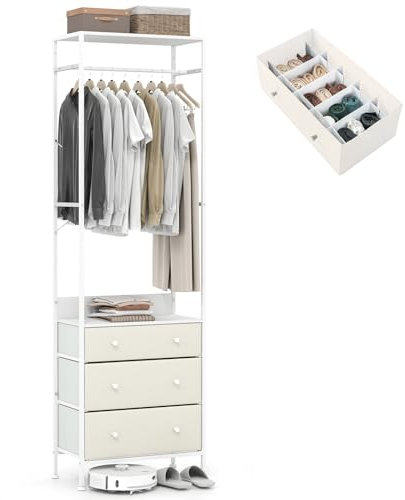 COSTWAY Appendiabiti con Cassetti in Tessuto, Armadio Autoportante con Asta Appendiabiti a 3 Posizioni e Ripiani di Stoccaggio, Ideale per Ingresso Camera da Letto, 55x28x176 cm (Bianco)