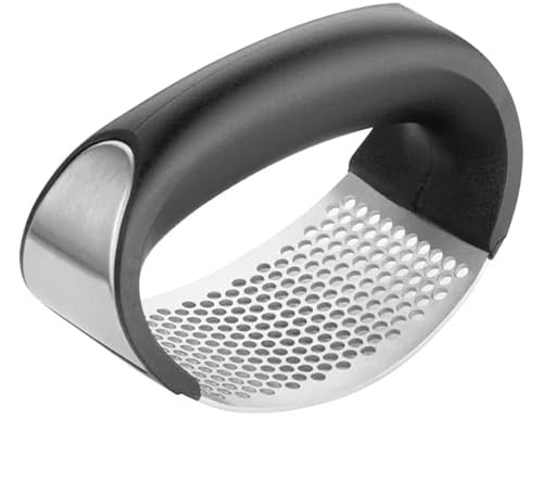 Nisbets Essentials Curved Garlic Press, Stainless Steel, JA908 | Ergonomic handles ensure comfortable manual crushing, speeds up kitchen prep, and handles heavy daily catering use.