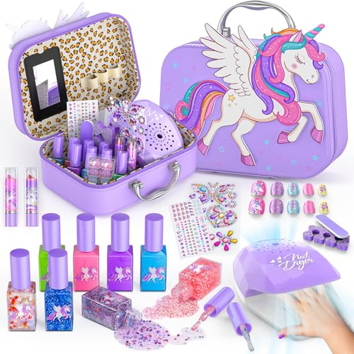 Kinder Nagellack Set Waschbar und Schnell Trocknender Nagellack mit Nageltrockner und Kosmetiketui Nagelset für Weihnachten Mädchen Geburtstagsgeschenke Spielzeug für 3 4 5 6 7 8 9