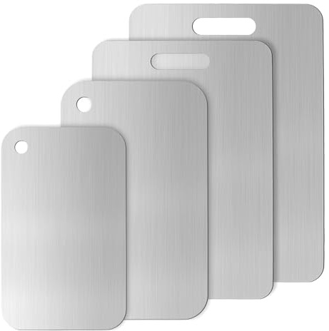 KOHAND Stainless Steel Chopping Board Set of 4, Food Grade Titanium Steel Cutting Board Dual Surface for Meat Veggies Fruits, Kitchen Essential, Dishwasher Safe