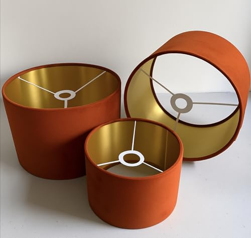 Plüsch-Samt-Lampenschirm für Deckenschirm, Tisch, Stehlampenschirm mit gebürstetem Goldfutter, handgefertigt in Großbritannien. (Orange, Durchmesser 35 x 22 cm Höhe)