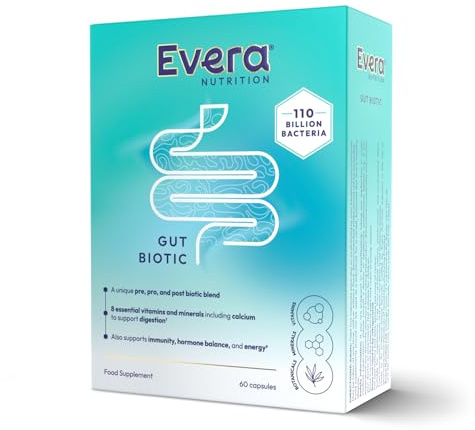 Evera Nutrition Gut Biotic, 60 Capsules - Supports Digestion, Immunity, Hormone Balance & Energy | 110 Billion Bacteria | Pre, Pro & Post Biotic Blend + Essential Vitamins and Minerals