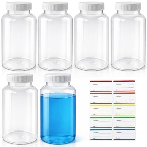 Bohoray 6 Pack Plastic Bottles with Airtight Caps 16oz/500ml, Laboratory Reagent Bottle, Reusable Wide-Neck Bottles with Screw Caps for Water Sample Lab Reagent Liquid Medicine Storage