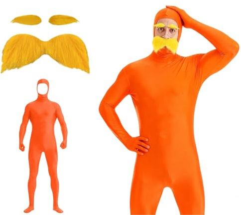 Deguisement Lorax, 3pc Combinaison intégrale unisexe pour homme et femme - Costume d'Halloween - Costume Slenderman - Costume Lorax ouvert- avce barbe+sourcil - Combinaison seconde peau Carnaval