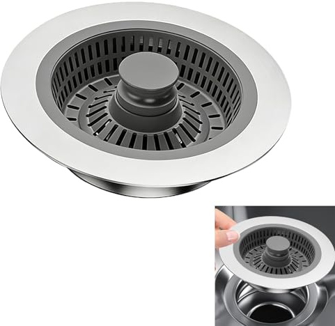 3 en 1 - Coquille en Acier Inoxydable Bouchon Et Passoire D’Évier De Cuisine Universel, pour Trou D’Évier Entre 72-86mm,Installation Facile, Anti-Colmatage, Stockage D’Eau, Isolation des Odeurs