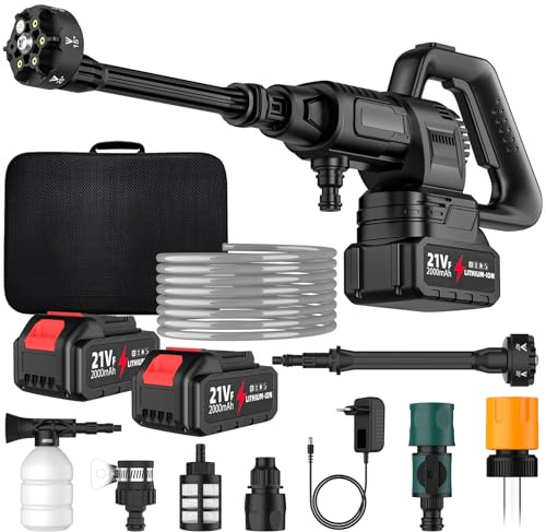 Nettoyeur Haute Pression sur Batterie,6-en-1 Buse,Max 200Bar Nettoyeur Haute Pression sans Fil,Moteur Brushless,3 Niveaux Réglables,pour Lavage de Voiture et Nettoyage du Jardin (2 Batterie)