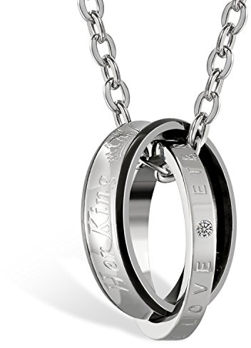 JewelryWe Schmuck Freundschaftsketten mit kostenloser Gravur, Edelstahl Partner-Anhänger Halskette mit His Queen Her King Ringe, Paar Anhänger Kette für Damen Herren, Schwarz Rosegold Silber