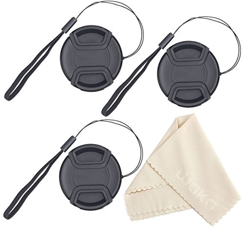 Tapa Objetivo 55mm de Lente Frontal con Pinza Central y Correa de sujeción para Canon, Nikon, Sony y Otras cámaras Reflex - Lote de 3 Unidades + Paño Limpieza Objetivos Microfibra