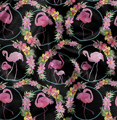 Soimoi Schwarz Baumwoll-Voile Stoff Blumenkranz & Flamingo Vogel Stoff Meterware 42 Zoll breit