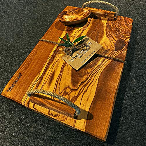What the Art!® Olive Wood «Plancha» Gr. XL | Olivenholz Serviertablett inkl. Dip-Schälchen | Handarbeit | ca. 36 x 23 x 2 cm | Tablett - Dekotablett - Servierplatte - Servierbrett