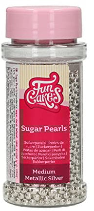 FunCakes Zuckerperlen Mittel Metallic Silber: Kuchenstreusel, guter Geschmack, perfekt zum Dekorieren von Kuchen, essbare Zuckerperlen. 80 g.
