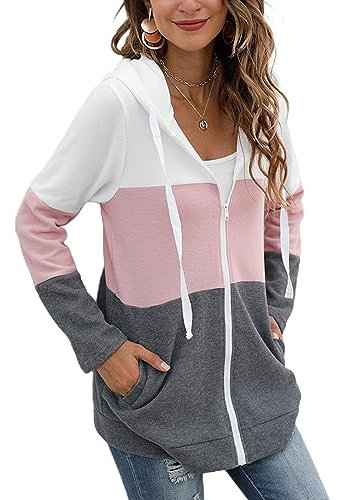 iChunhua Ladies Casual Zip Up Jackets Hoodie Oversized Long Sleeve Sweatshirt Tops with Pockets Pink Large