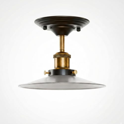 LEDSone Industrial Semi Flush Mount Ceiling Lighting Metal | 22cm Satin Nickel Lampshade E27 Lamp Holder Fitting Indoor Ceiling Lights for Living Room Bedroom Kitchen Without Bulb