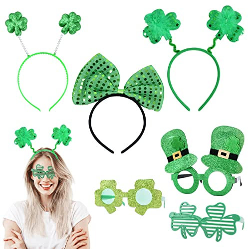 BHGT 6 Stk Saint Patricks Day Accessoires 3 Pcs Grün Brillen Lustig 3 Pcs Haarreif Glücksklee Stirnbänder Kopfschmuck für St. Patricks Party Paraden