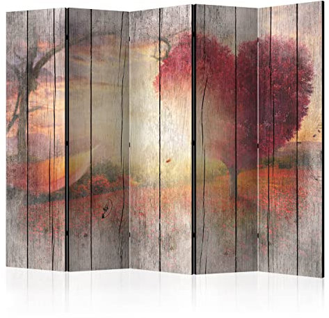 murando Akusticher Raumteiler Holzoptik Foto Paravent 225x172 cm beidseitig auf Vlies-Leinwand Bedruckt Akustikschaum Trennwand Spanische Wand Sichtschutz Home Office Herbst Wald Herz f-C-0175-z-c
