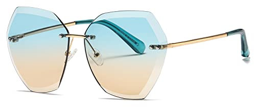 kimorn Sonnenbrillen für Frauen Übergroße randlose Diamant-Schneidlinse Klassisch Eyewear AE0534 (Gold/Pfauengrün/Braun, 65)