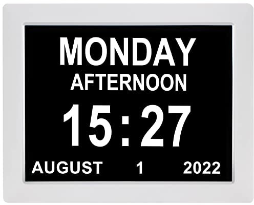 TSITSC 8 Alarm Options + Auto Dimming Digital Calendar Clock Date and Time Day of The Week Clock for Seniors Dementia Elderly Patients(8-Inch, White)