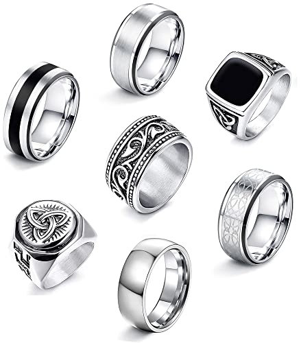 JeweBella 7 Stück Edelstahl Ringe für Herren - Silber Matt Poliert, Keltischer Knoten, Vintage Schwarz Siegelring, Gravur Gothic Biker Set für Männer