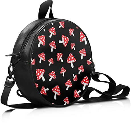 SCRAWLGOD Kleine Kreis-Umhängetasche für Teenager-Mädchen, Leder-Schultertasche für Frauen, Tragetasche Handtaschen, Süßer Pilz, Einheitsgröße