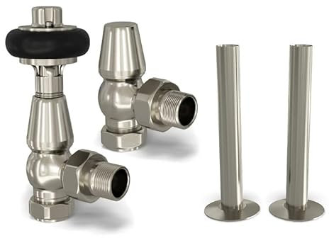 UK Radiators Silver Nickel Thermostatic Radiator Valves and Angled Lockshield Valve - Brushed Silver Nickel Finish - Traditional Design 1/2 x 15mm Wooden Head Radiator Valves with 130mm Pipe Sleeves